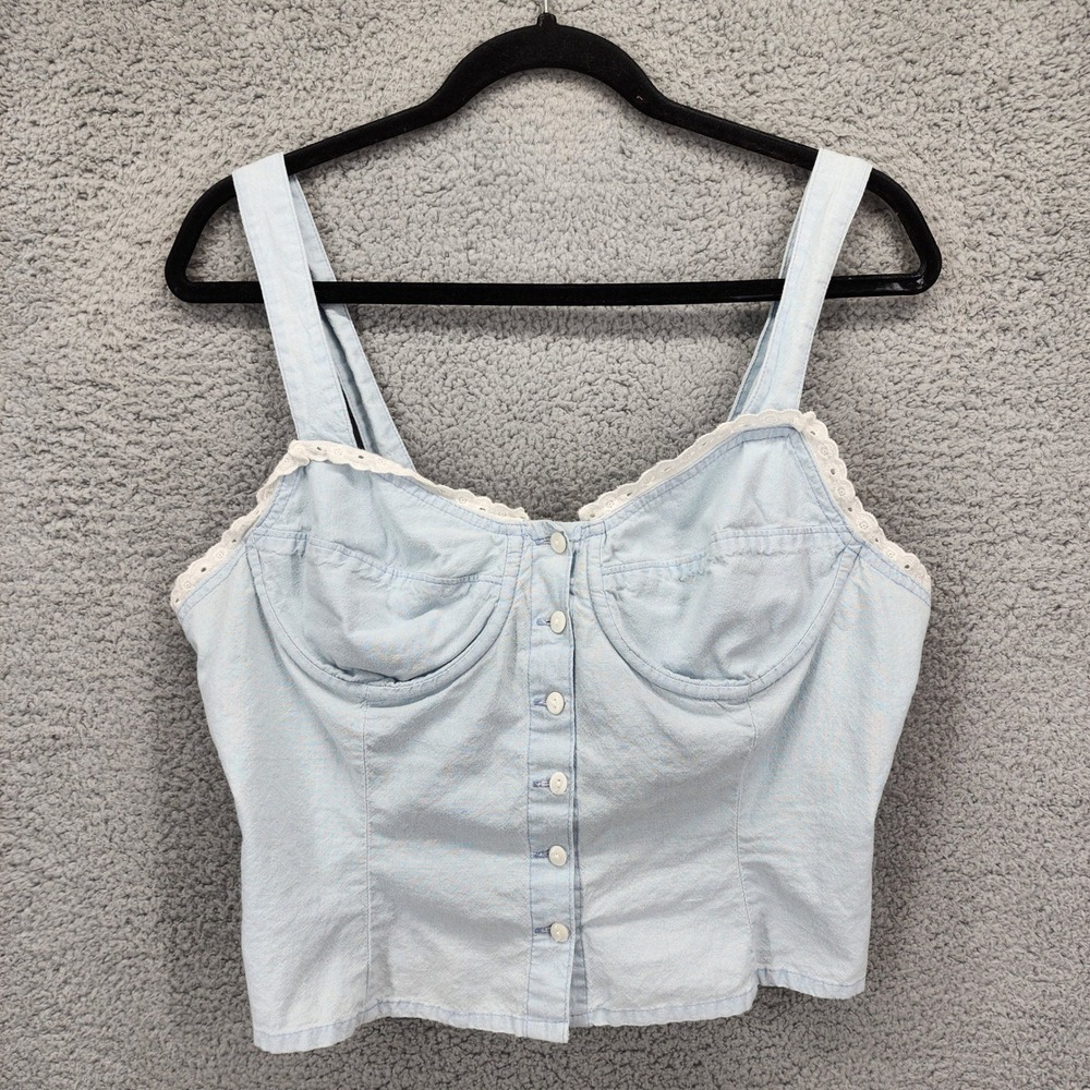 Vtg Gitano Medium Light Blue Cotton Bustier Top Button Down Crop Tank White Lace